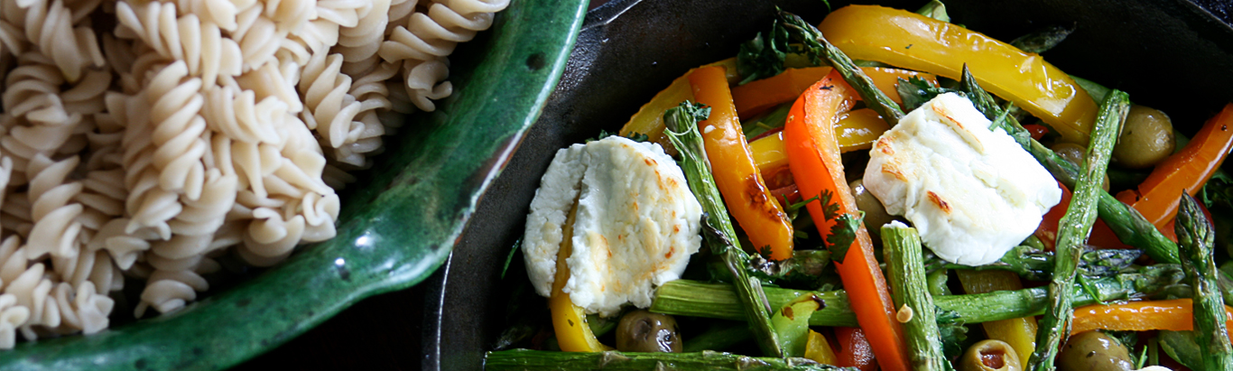 Noodles, veggies, and goat cheese