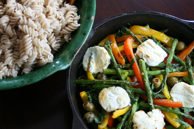 noodles, veggies, goat cheese